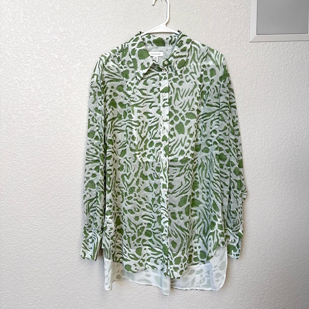 Topshop Green and White Animal Print Tunic Button Up Blouse